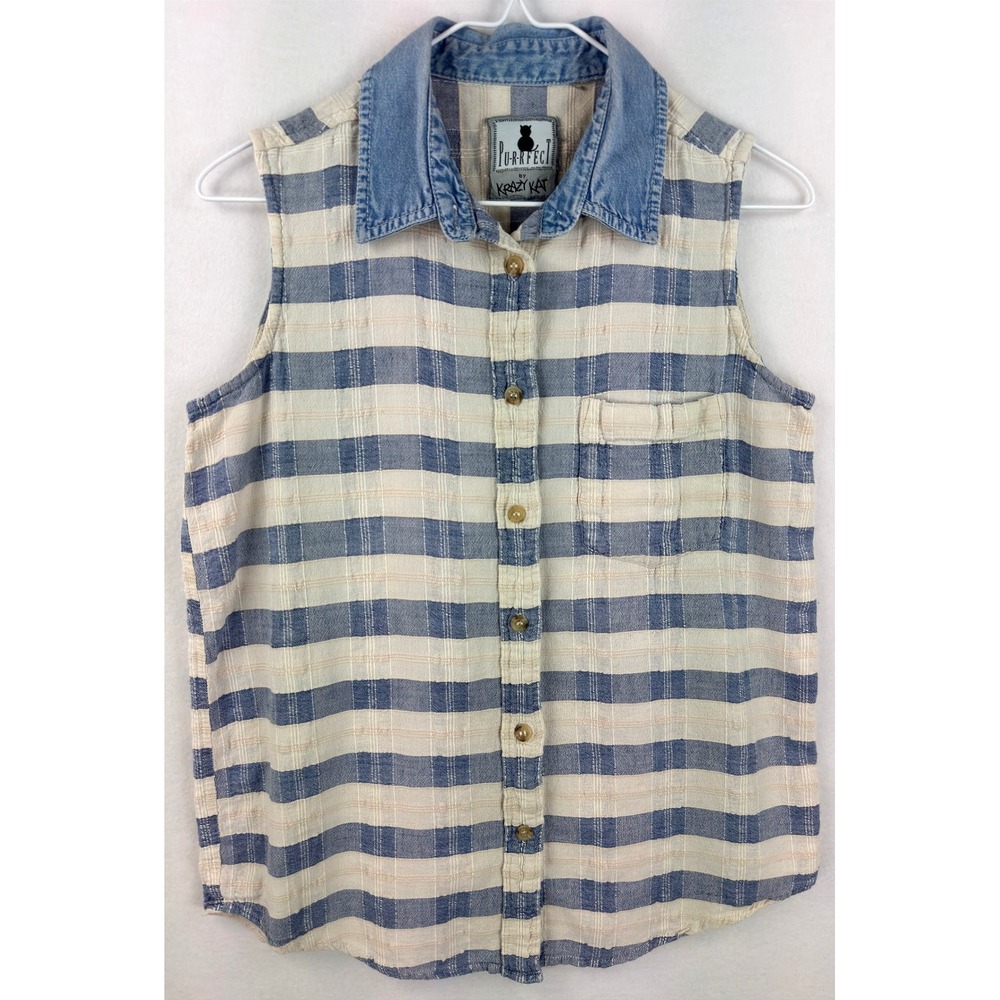 Pur-r-fect by Krazy Kat Sleeveless Plaid Top Womens Medium Blue Denim
